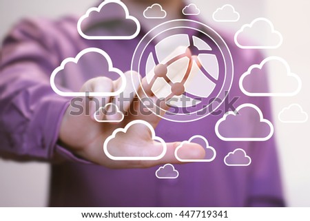 Businessman push button map symbol cloud network
