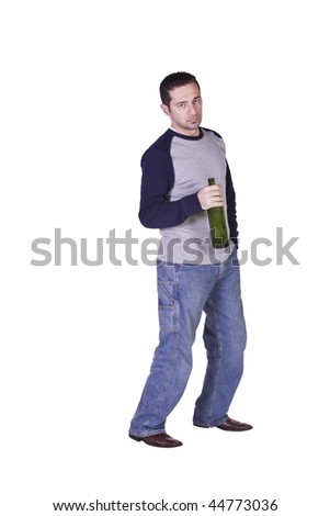 Drunken Man Holding a Wine Bottle Trying to Keep his Balance - Isolated Background