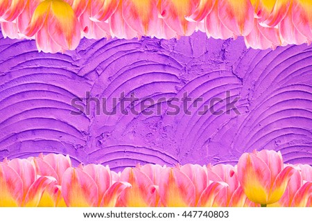 Pink Tulips, frame  Fresh spring tulips flowers with space for text  on purple cement  background