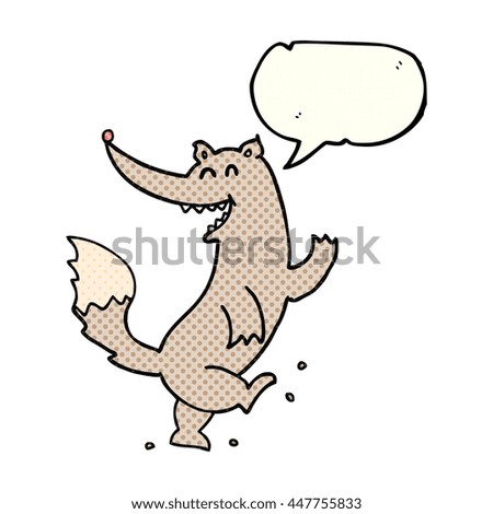 freehand drawn comic book speech bubble cartoon happy wolf dancing