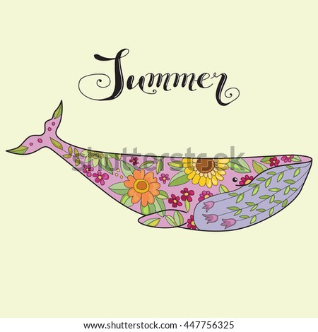 Whale in flowers. Summer title. Colorful illustration for design