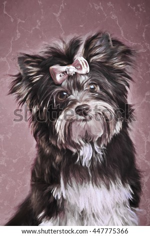 Drawing breed Yorkshire Terrier dog portrait oil painting on a color background