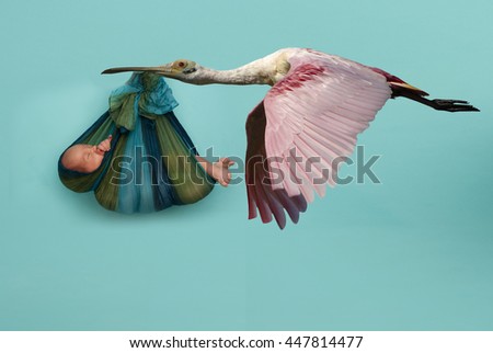 Classic depiction of a stork in flight delivering a newborn baby Royalty-Free Stock Photo #447814477
