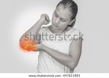 Woman crook bone pain.Concept photo with Color Enhanced pale skin with Fire indicating location of the pain.