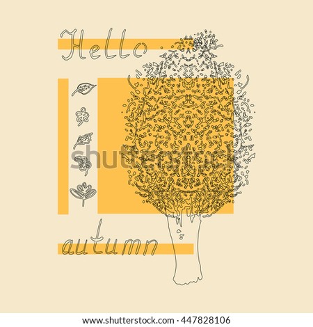 Hello autumn seasonal greeting card template. Vector illustration of a tree sketch and leaves on orange square background with hand lettering