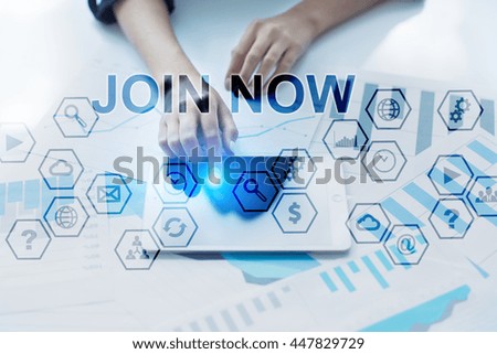 Woman working with documets and tablet pc, pressing on screen and selecting Join Now.