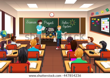 A vector illustration of student having science project presentation