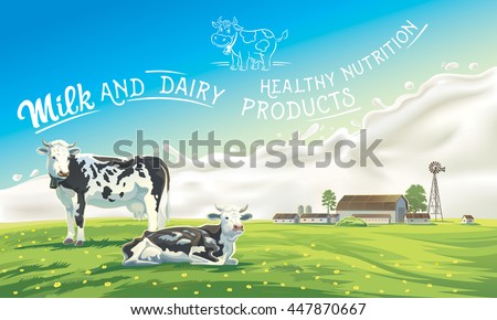 Two cows in the background of the summer landscape and splash from the milk, as well as graphic elements. Royalty-Free Stock Photo #447870667
