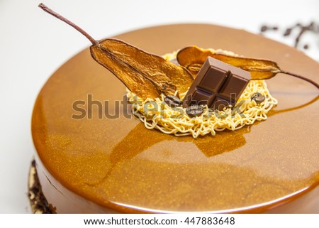 Modern European chocolate mousse cake with chocolate glaze