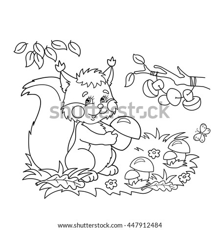 Coloring Page Outline Of cartoon squirrel with mushrooms in the meadow with butterflies. Coloring book for kids