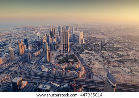 Dubai, United Arab Emirates: aerial top view of Downtown of in the sunrise