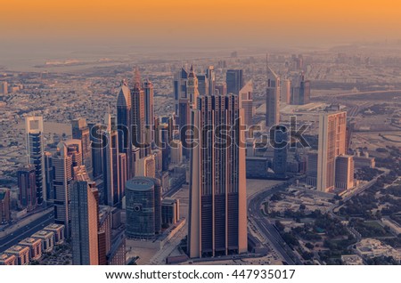 Dubai, United Arab Emirates: aerial view of Downtown of in the sunrise