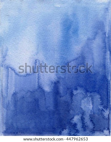 Watercolor blue gradient, like the sky or sea water. Abstract fantasy night sky with clouds  textured watercolor paper Royalty-Free Stock Photo #447962653