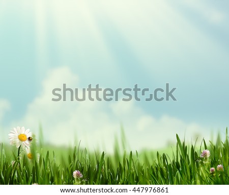 Dreamy natural landscape with green hills under blue skies and couple of woods