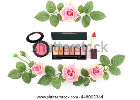 Makeup Cosmetics with Vintage Roses on White Background, Flat Lay Style