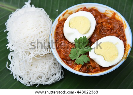 Idiyappam, or Nooputt, Putumayam or string hoppers is a traditional Tamil, Kerala, Kodava, Tulu and Sri Lankan food consisting of rice flour pressed into noodle steamed hot and spicy egg roast curry