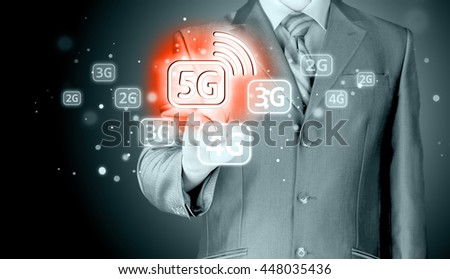 Businessman pressing data connection. High speed data connection. New modern technologies. Virtual world.