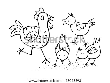 Mother hen with its baby chicks . Sketchy style.