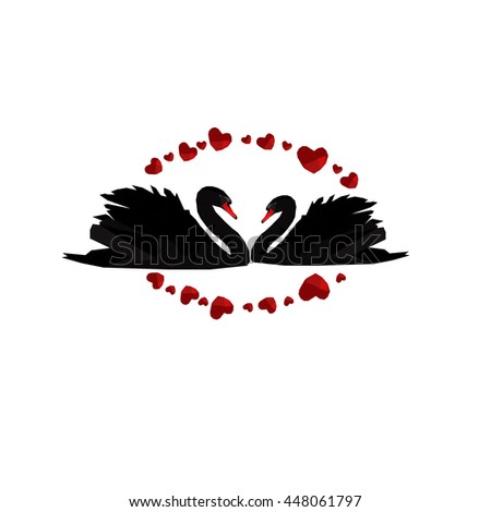 Vector image, black swans illustration, polygonal style, pair of black swan, icon, image with adorable bird couple