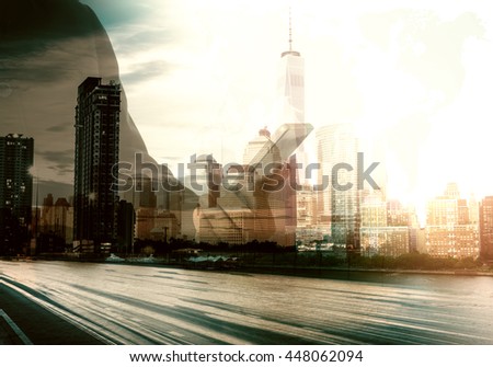Double exposure image of businessman using mobile smart phone Communication worldwide. Phone Concept and Technology.