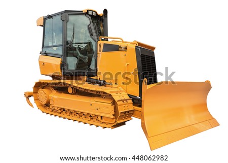 Yellow Bulldozer excavator, isolated on white background with clipping path
 Royalty-Free Stock Photo #448062982