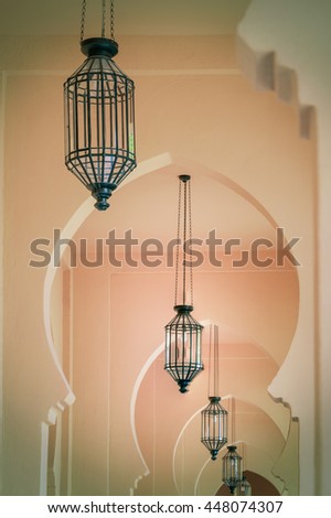 Beautiful Architecture and lantern light lamp with morocco style, vintage filter.