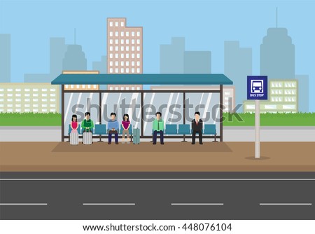 people waiting at a bus stop in the city , cartoon style vector