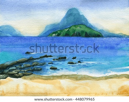 tropical beach with islands on horizon. Watercolor travel and vacation illustration.