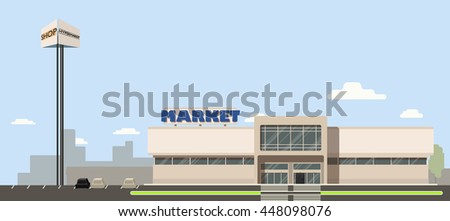 Mall or supermarket or hypermarket building in the city with advertising pillar in flat design Royalty-Free Stock Photo #448098076