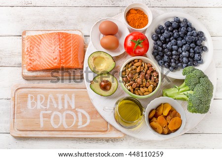 Foods to boost brainpower. Concept. Top view Royalty-Free Stock Photo #448110259