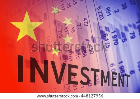 Inscription Investment. China flag, with the financial data in the background.