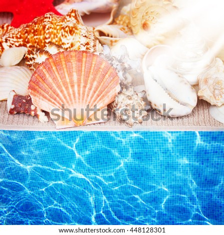 seashells on towel border isolated on white background with sun rays