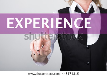 experience written in search bar on virtual screen. Internet technologies in business and home. woman in business suit and tie, presses a finger on a virtual screen