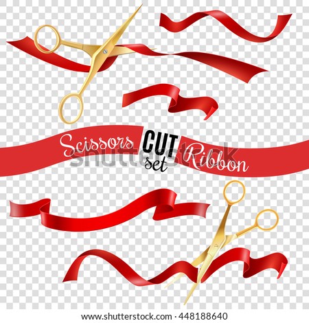 Golden scissors and ribbon transparent set with opening ceremony symbols realistic isolated vector illustration 