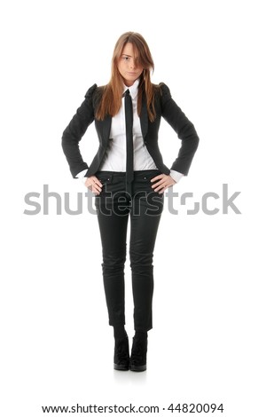 Confident business woman standing wearing elegant clothes - isolated over a white background