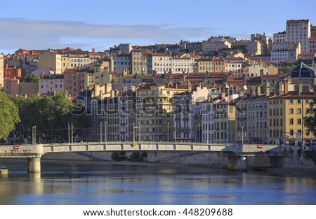 Pont de la Feuillee and Croix Rousse on a summers day in Lyon, France Royalty-Free Stock Photo #448209688