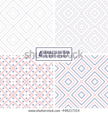 Set of geometric seamless pattern of diagonal lines and point in color 2016 rose quartz and serenity, seamless background of rhombus and circle, grunge hand painted vector for paper, wrapping, wedding