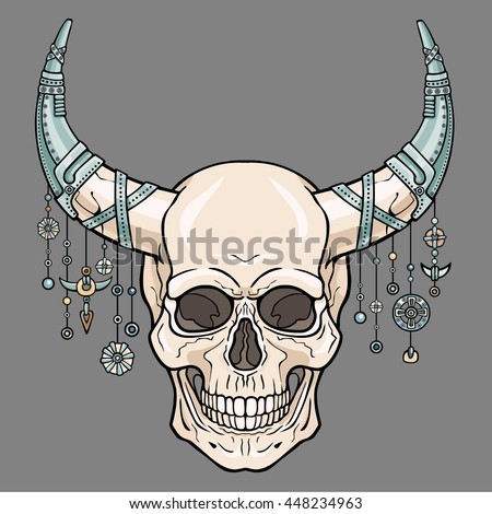 Fantastic horned human skull in iron armor. Ethnic jewelry.  Boho design. The isolated drawing on a gray background. Vector illustration. Print, posters, t-shirt, textiles.