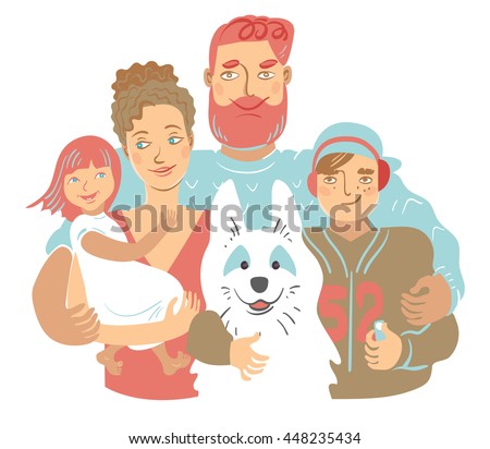 Happy family of bearded father, stylish mother, teenage boy, young girl and their white dog are standing close together. Vector illustration