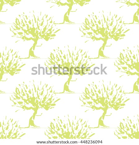 Old tree seamless pattern. Hand drawn ink graphic. Green eco colors. Forest, wood texture
