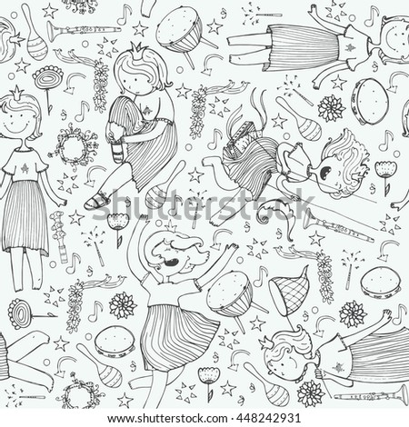 Vector pattern with cute girl princess, musical instruments. flowers, note, stars and hearts. Black and white illustration, hand drawn, good for wrapping paper, print, kids and music backgrounds