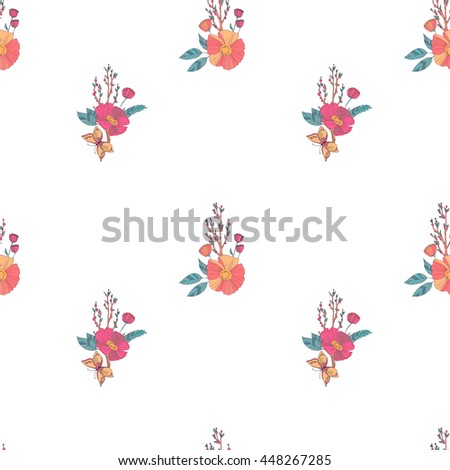 Floral Seamless Vintage Pattern With Wildflowers and Butterfly on White Background. Digital or wrapping paper