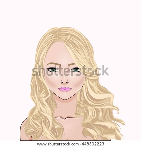 Fashion illustration of beautiful blond woman with long curly hairstyle and smile on face,vector
