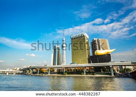 sumida river viewpoint to see sky tree tower landmark in tokyo  Royalty-Free Stock Photo #448382287