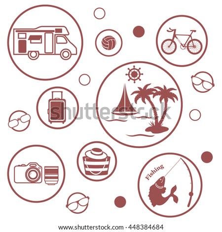 Set of stylized icons of traveler equipment and accessories to relax at your leisure on a white background