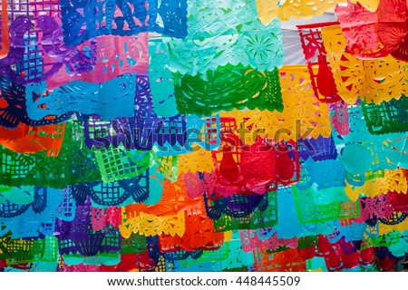 traditional mexican paper bunting decoration celebratory flags in mexico. Royalty-Free Stock Photo #448445509