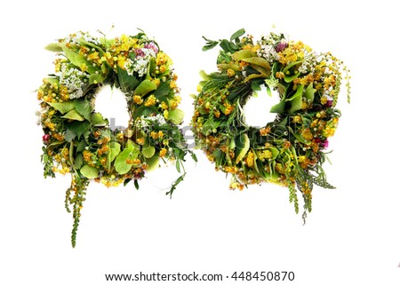 Two Wreath of linden and clover and other herbs.White background.
