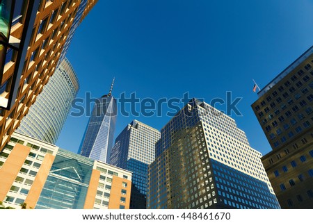 Looking up at skyscrapers in Lower Manhattan, New York City