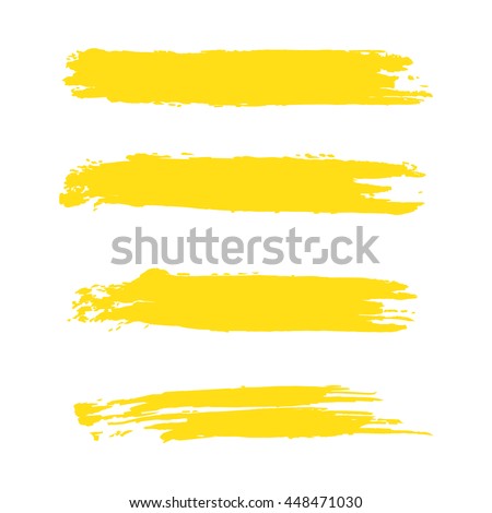 Set of hand drawn yellow paint brushes and ink design elements, grunge dirty stroke creative shapes vector illustration