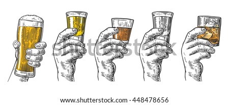 Male hand holding a glasses with beer, tequila, vodka, rum, whiskey and ice cubes. Vintage vector engraving illustration for label, poster, invitation to party and birthday. Royalty-Free Stock Photo #448478656